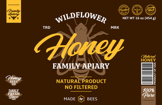 Wildflower honey label. Honey packaging design elements for apiary and beekeeping products, branding and identity