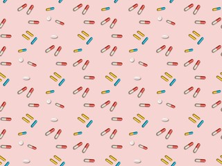 Bright colors of seamless pattern with tablets and  capsules.
