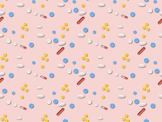  capsules and tablets on a seamless spring pattern.