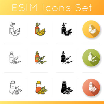 Hair Oils Icons Set. Kalahari Melon Seed Extract. Rosemary Herbal Essence In Liquid Form. Almond Nourishment For Haircare. Linear, Black And RGB Color Styles. Isolated Vector Illustrations