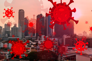 Coronavirus theme drawing over big city Bangkok cityscape sunset. Modern town view. COVID-19 self isolation and quarantine concept.