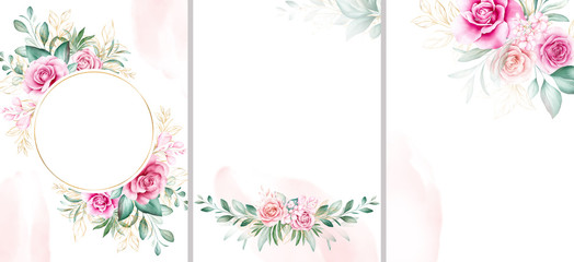 Wedding invitation card template set with gold watercolor floral decorations and glitter. Flowers background for save the date, greeting, details, cover. Botanic illustration