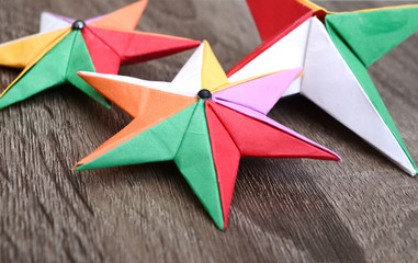 Closeup of colorful folded paper stars