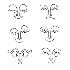 Funny cartoon faces with different emotions in doodle style. Set of linear vector icons isolated on white background.