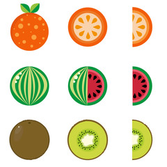 Set of fruits are orange, kiwi and watermelon. A whole and in the section. Vector flat style illustration.