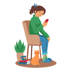 Cartoon girl in green sweater and jeans sitting in armchair and looking at smartphone. Red cat and house plant. Self-isolation, introvert, flat vector illustration design for web, banner or print.