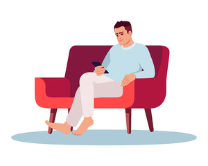 Young man with smartphone semi flat RGB color vector illustration