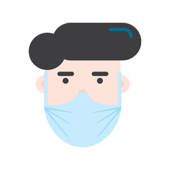 Person wearing breathing mask. Healthcare protection. Human character design. Man. Young. Vector. Sickness prevention. Campaign. Advice on protective respiratory mask. Covid-19. Avoid virus.