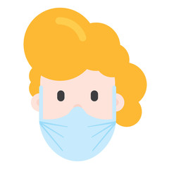 Person wearing breathing mask. Healthcare protection. Human character design. Woman. Blonde. Vector. Sickness prevention. Campaign. Advice on protective respiratory mask. Covid-19. Avoid virus.