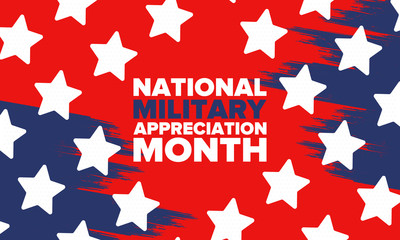 National Military Appreciation Month in May. Annual Armed Forces Celebration Month in United States. Patriotic american elements. Poster, card, banner and background. Vector illustration