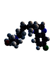 3D rendering of hydroxychloroquine molecule, potential COVID19 (coronavirus, SARS-COV2) treatment. Isolated on transparent background.