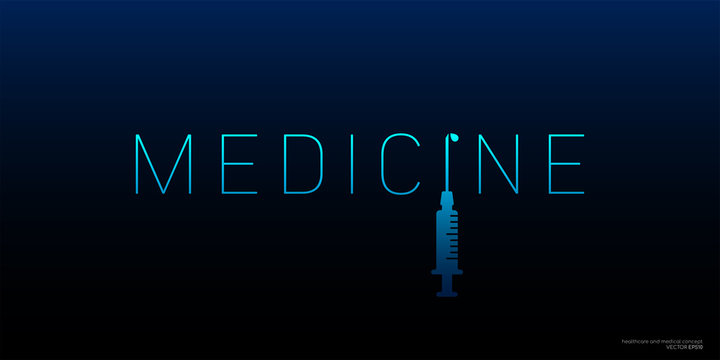 Medicine word logo with syringe icon in blue green isolated on black background. Vector design in concept medical, pharmacy, healthcare, science, biotechnology