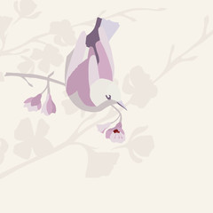 Vector illustration in Japanese style with pink bird and sakura branches