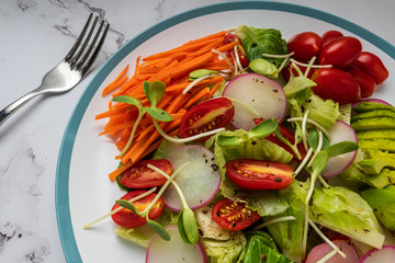 healthy vegan bowl. Avocado, tomato, Red Radish,carrot, Sunflower seedling,Black pepper, lemon,  and vegetables salad. Top view. vegan food, clean eating, dieting