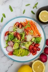 healthy vegan bowl. Avocado, tomato, Red Radish,carrot, Sunflower seedling,Black pepper, lemon,  and vegetables salad. Top view. vegan food, clean eating, dieting