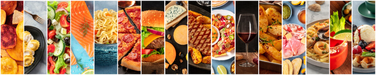 Food collage design template. Various tasty dishes, including a burger, a pizza, seafood, beef...