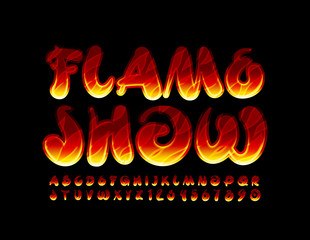 Vector bright poster Flame Show with creative handwritten Font. Burning Alphabet Letters and Numbers