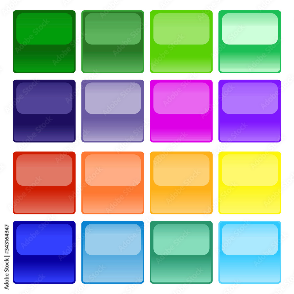 Fototapete Buttons of different, saturated colors in the form of a square with the effect of reflection on a white background. Unique design of square buttons with mirror effect. Vector graphics. Stock Photo.