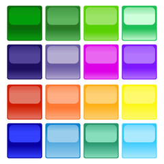 Buttons of different, saturated colors in the form of a square with the effect of reflection on a white background. Unique design of square buttons with mirror effect. Vector graphics. Stock Photo.