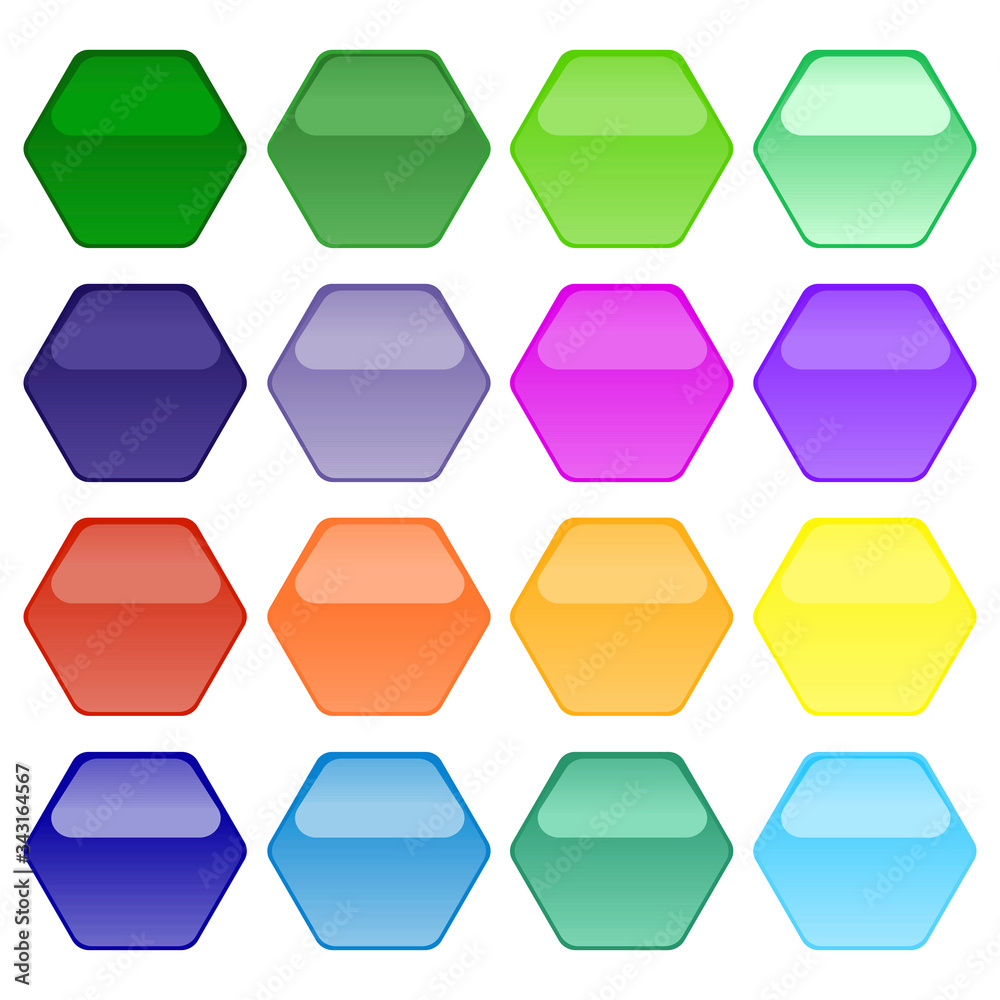 Poster multicolored volumetric buttons in the form of a hexagon in saturated color having a mirror effect. 
