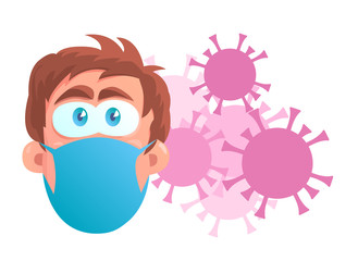 Face of a man with a protective mask against coronavirus. Scared eyes. Dangerous germs fly around the head. Vector isolated illustration in cartoon style.