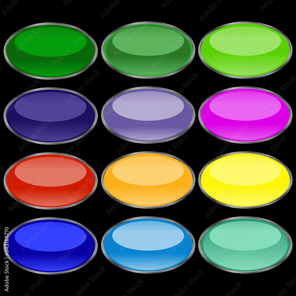 Aufkleber oval buttons of various bright, saturated colors with a gray stroke having a mirror effect. buttons 