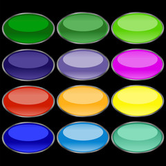 Oval buttons of various bright, saturated colors with a gray stroke having a mirror effect. Buttons in the form of ovals on a black background with a mirror effect. Vector graphics. Stock Photo.