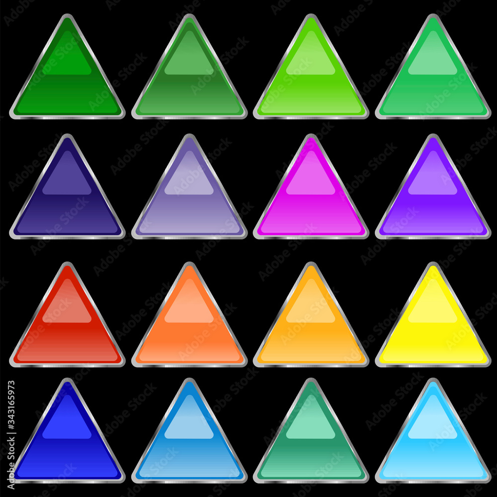 Aufkleber multi-colored volumetric buttons in the form of a triangle of saturated color with a mirror effect. 