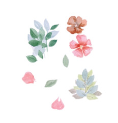 Fototapeta premium set of green leaves and pink flowers Can be used for stickers, prints on fabric, clothes, illustration of books, web.