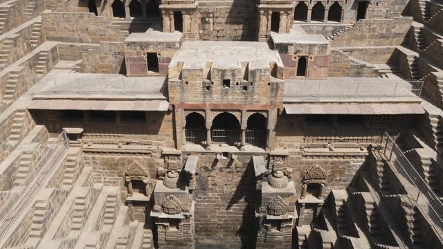 tilt up clip of chand baori, a stepwell in the village of abhaneri in the indian state of rajasthan