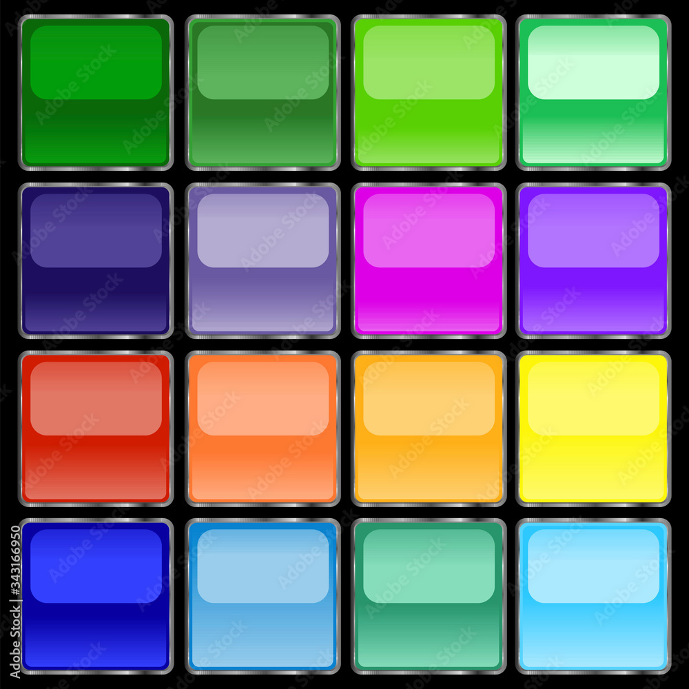 Aufkleber square buttons of different bright, saturated colors with a gray stroke having a mirror effect. butt