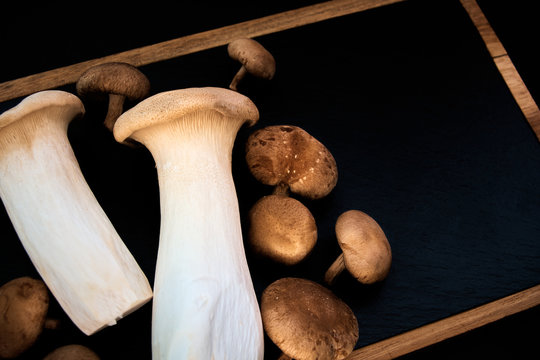 shiitake and eringi mushrooms on black background