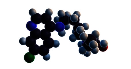 3D rendering of hydroxychloroquine molecule, potential COVID19 (coronavirus, SARS-COV2) treatment. Isolated on transparent background.