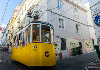 yellow tram in lisbon