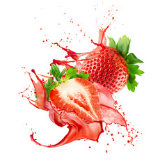 strawberries in red juice splash on a white background - 343167730