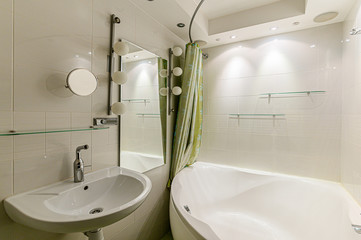 Russia, Moscow- January 15, 2020: interior room apartment modern bright cozy atmosphere. general cleaning, home decoration, preparation of house for sale. bathroom, sink, decoration elements, toilet