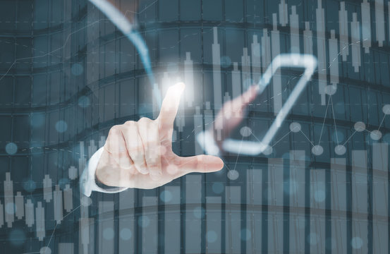 Businessman Touching in graph Screen Icon of media screen,Technology Process System Business concept.