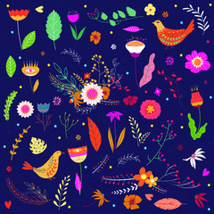 A set of flat vector leaves and flowers. Floral big set for design. Spring or summer print. Botanical elements. Cute vector hand drawn elements.