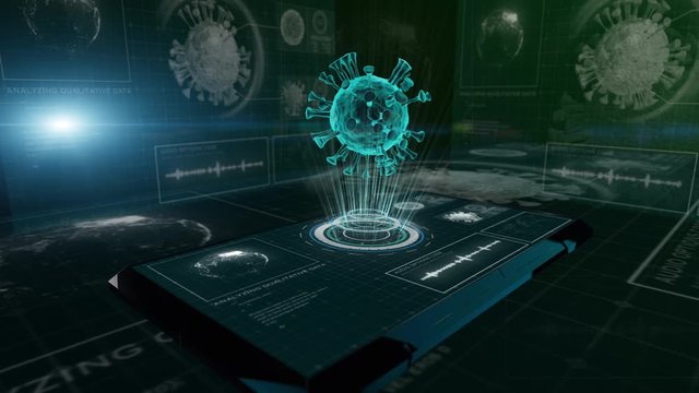Futuristic HUD Head up display screen.  Hologram, holographic virus scanning. Healthcare and medical science concept. Coronavirus, SARS, covid 19 and Ebola flu outbreak.3D rendering.
