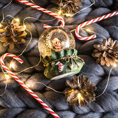 New year Christmas Christmas Flatley with tangerines candle garland and pine cone