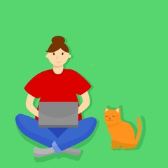 girl on freelance with a cat. Remote work. Work in isolation. Work at the computer