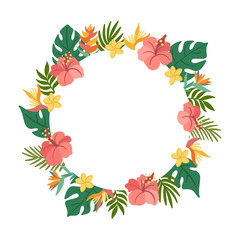 Tropical circle frame with palm leaves, hibiscus, strelitzia, plumeria flowers. Beautiful floral print for wedding invitations, greeting cards, home decor. Modern vector illustration.