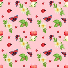 Pattern of rose hip flowers, fly agarics, butterflies and ladybugs on a pink background, watercolor drawing, seamless pattern