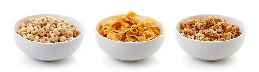 Three bowls of cereals isolated on white
