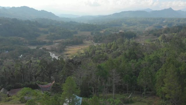 Aerial view over the mountains and forests of Tana Toraja, south Sulawesi, Indonesia