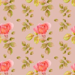 Pattern of roses and leaves on a pink background, watercolor drawing, seamless pattern
