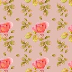 Pattern of roses and leaves on a pink background, watercolor drawing, seamless pattern