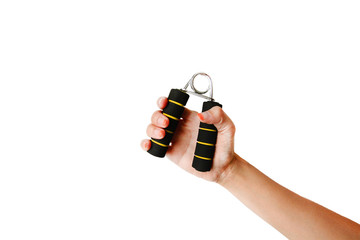 Woman's arm with hand doing exercise with spring grip, hand ex pander, hand gripper or hand trainer...