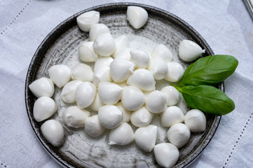 Italian food, fresh fresh green basil and white mini mozzarella soft balls cheese