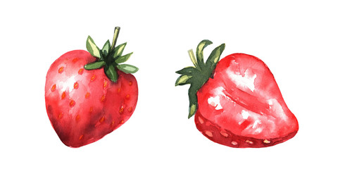 Red strawberries and a strawberry slice. Bright delicious color. Sweet fruit. Vector